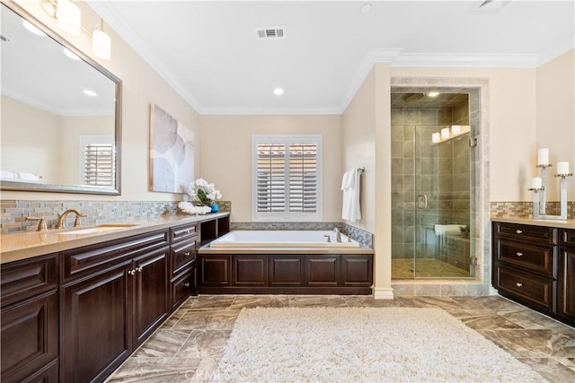 bathroom with marble finish floor, a shower stall, visible vents, and a healthy amount of sunlight