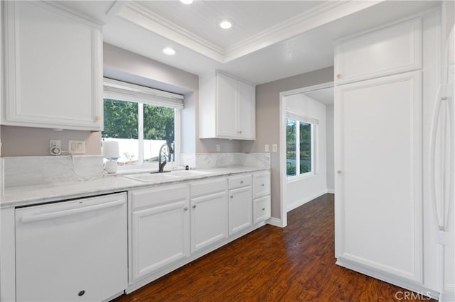 kitchen with a raised ceiling, ornamental molding, white dishwasher, a sink, and plenty of natural light