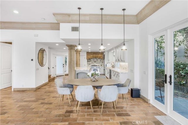 dining area featuring recessed lighting, french doors, visible vents, and baseboards