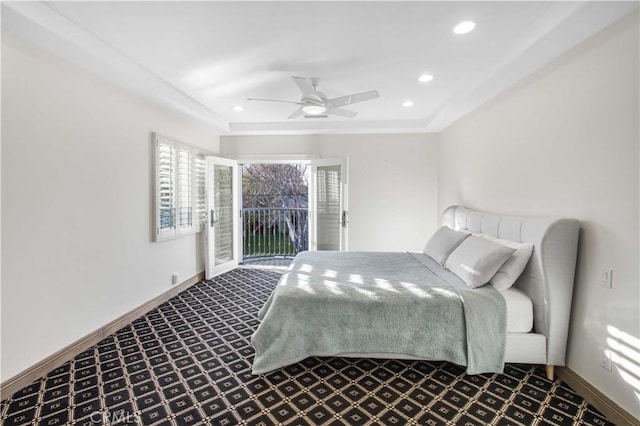 bedroom with access to exterior, baseboards, and recessed lighting