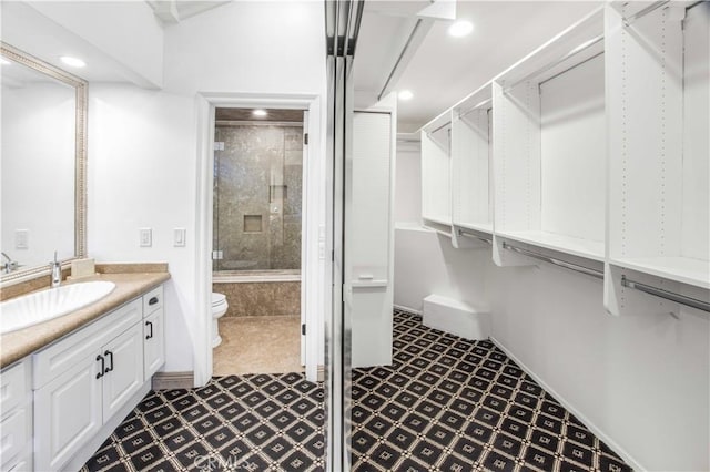 bathroom with recessed lighting, toilet, vanity, a tub, and tiled shower