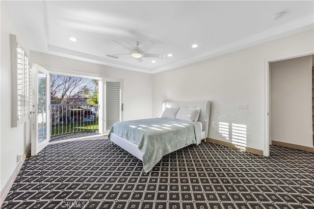 carpeted bedroom with baseboards, recessed lighting, visible vents, and access to exterior