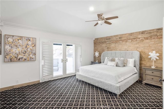 carpeted bedroom featuring baseboards, vaulted ceiling, access to outside, french doors, and crown molding