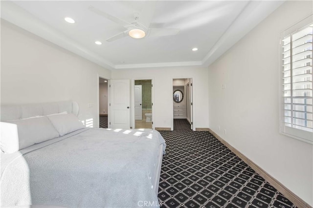 bedroom featuring baseboards, connected bathroom, ceiling fan, carpet flooring, and recessed lighting