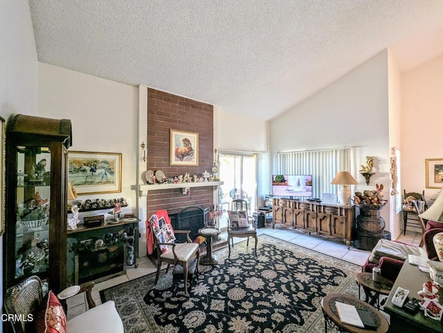 tiled living room with lofted ceiling, a fireplace, and a textured ceiling