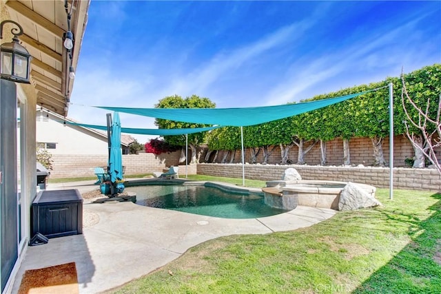 view of swimming pool with a patio, a lawn, a fenced backyard, and a pool with connected hot tub