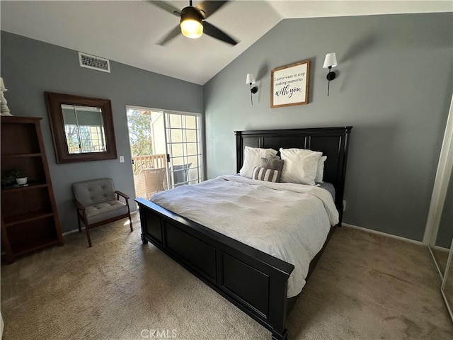 bedroom featuring lofted ceiling, access to outside, light carpet, and visible vents