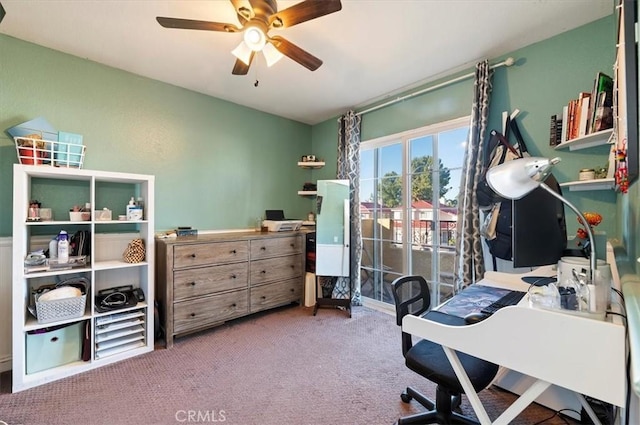 home office with carpet and ceiling fan