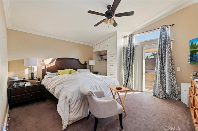 bedroom featuring a ceiling fan, access to exterior, vaulted ceiling, carpet, and crown molding