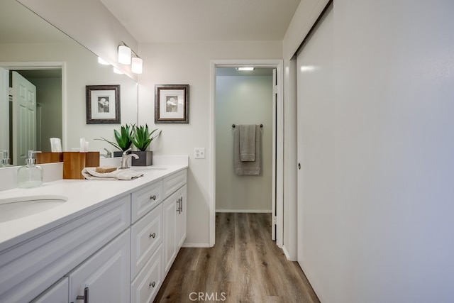 bathroom featuring double vanity, baseboards, a sink, and wood finished floors