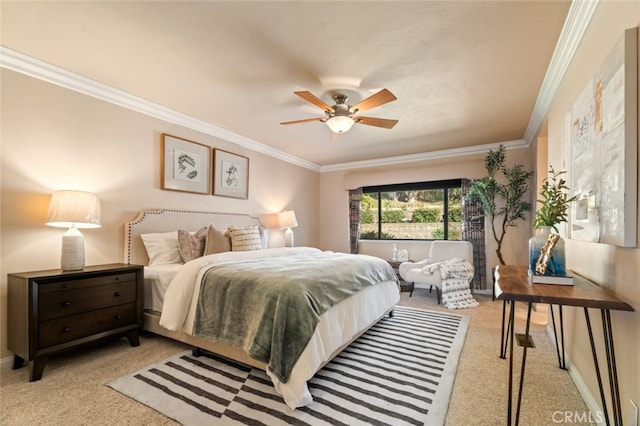 bedroom featuring baseboards, ceiling fan, ornamental molding, and light colored carpet