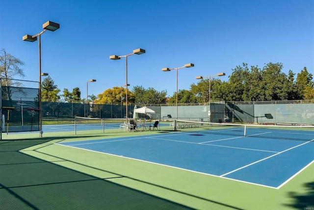 view of tennis court featuring fence