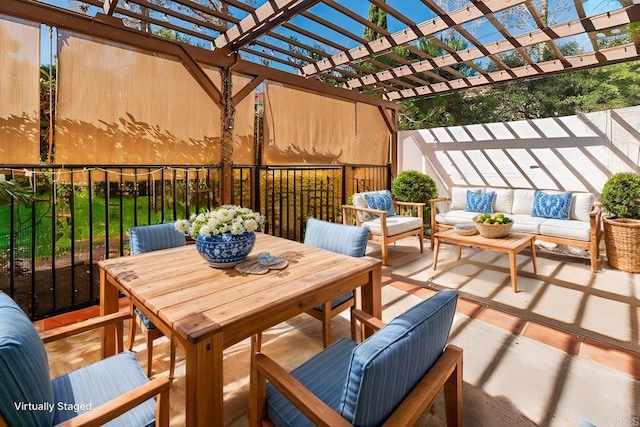 view of patio / terrace featuring outdoor dining area, outdoor lounge area, fence, and a pergola