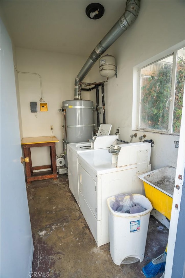 washroom with water heater and washing machine and clothes dryer