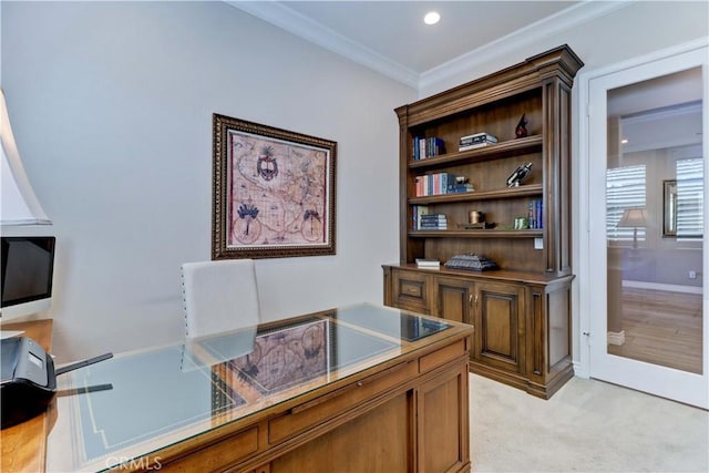 office area with baseboards, ornamental molding, recessed lighting, and light colored carpet