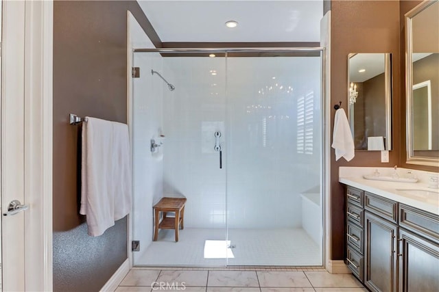 full bath featuring double vanity and a stall shower