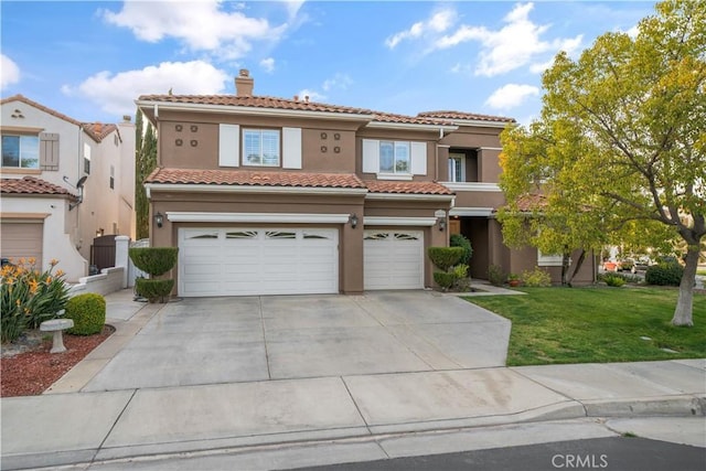 mediterranean / spanish-style house with a garage, concrete driveway, stucco siding, a chimney, and a front yard