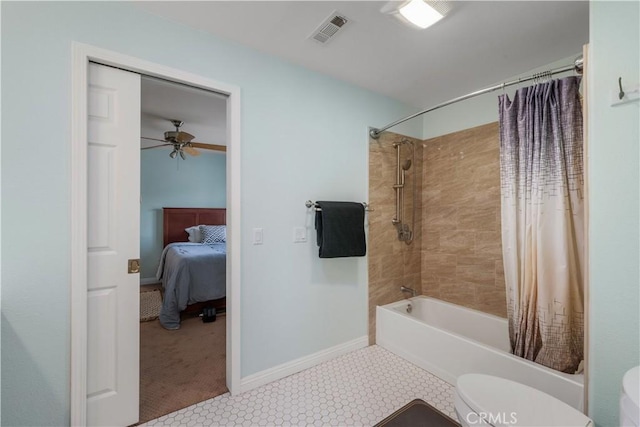 full bath featuring connected bathroom, toilet, visible vents, baseboards, and shower / tub combo with curtain