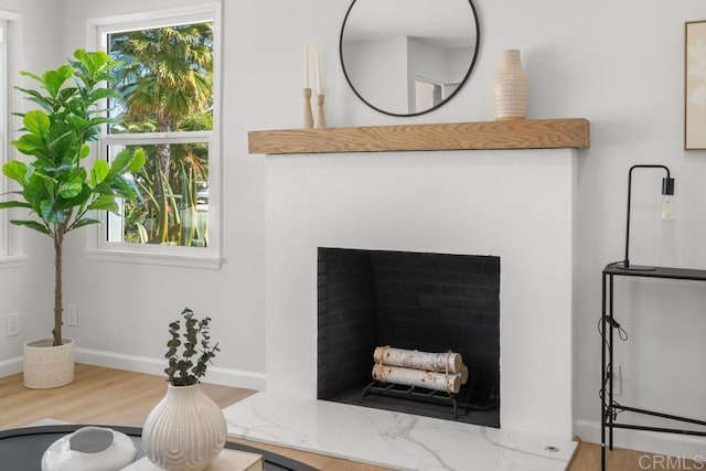 room details with a fireplace, baseboards, and wood finished floors