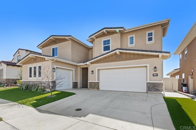 craftsman house featuring an attached garage, stucco siding, concrete driveway, stone siding, and board and batten siding