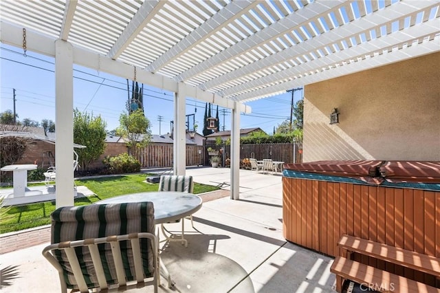 view of patio / terrace with outdoor dining area, a fenced backyard, and a pergola