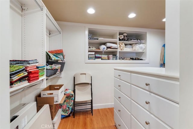 walk in closet with light wood-style flooring