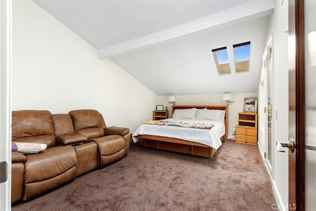 carpeted bedroom with lofted ceiling with beams