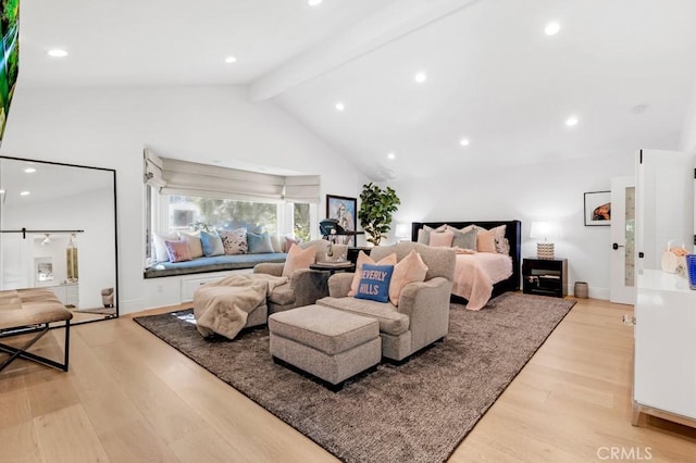 bedroom with baseboards, beamed ceiling, light wood-style floors, high vaulted ceiling, and recessed lighting