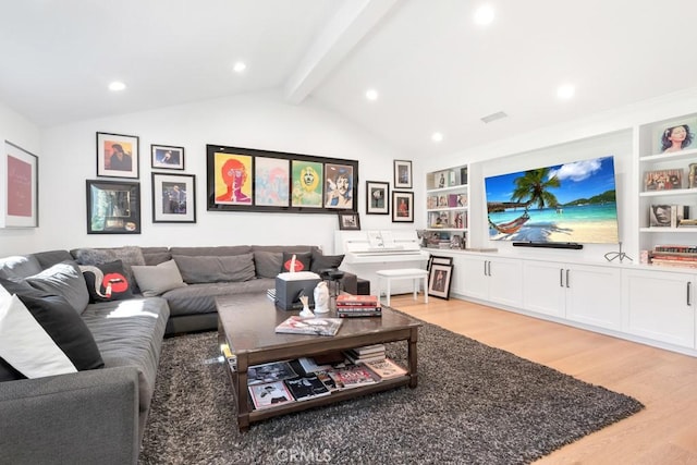 living room with built in shelves, light wood-type flooring, lofted ceiling with beams, and recessed lighting