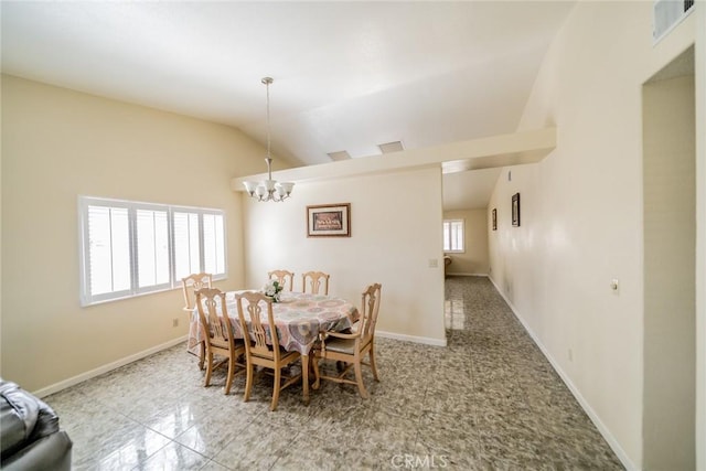 dining area featuring a notable chandelier, vaulted ceiling, visible vents, and baseboards