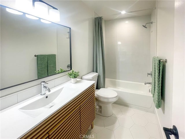 full bath with tile patterned flooring, vanity, toilet, and shower / bathtub combination with curtain