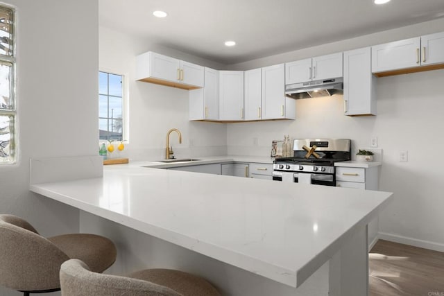 kitchen featuring a breakfast bar area, gas stove, a sink, a peninsula, and under cabinet range hood