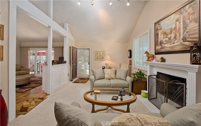 living room featuring lofted ceiling, a textured ceiling, a fireplace, and light colored carpet