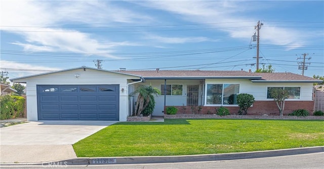 single story home featuring driveway, a front yard, brick siding, and a garage