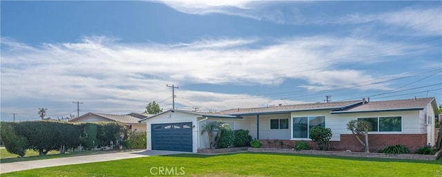ranch-style house with a front yard, concrete driveway, a garage, and brick siding