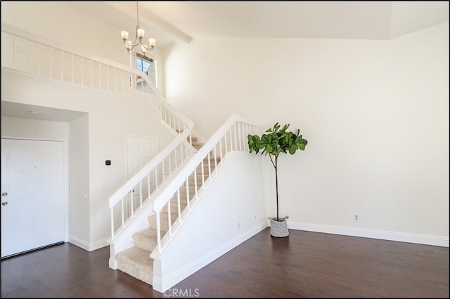 stairs featuring beamed ceiling, high vaulted ceiling, wood finished floors, baseboards, and a chandelier