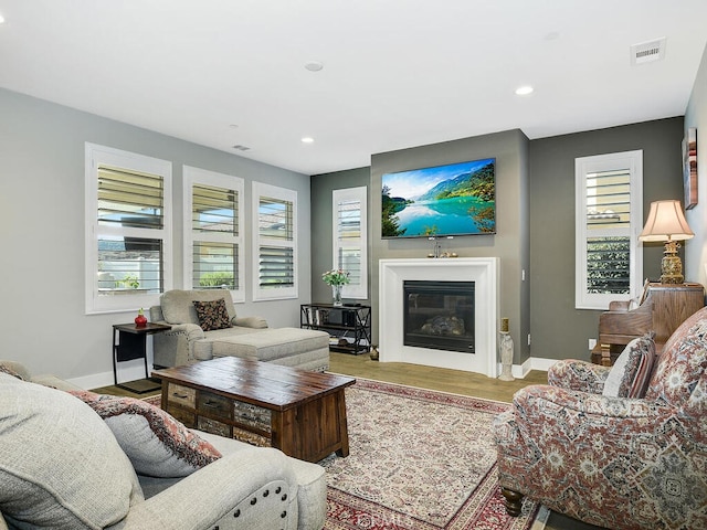 living room featuring plenty of natural light, wood finished floors, visible vents, and baseboards