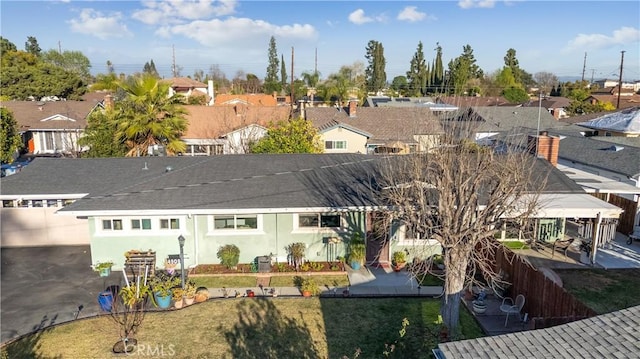 back of property featuring a lawn and a residential view