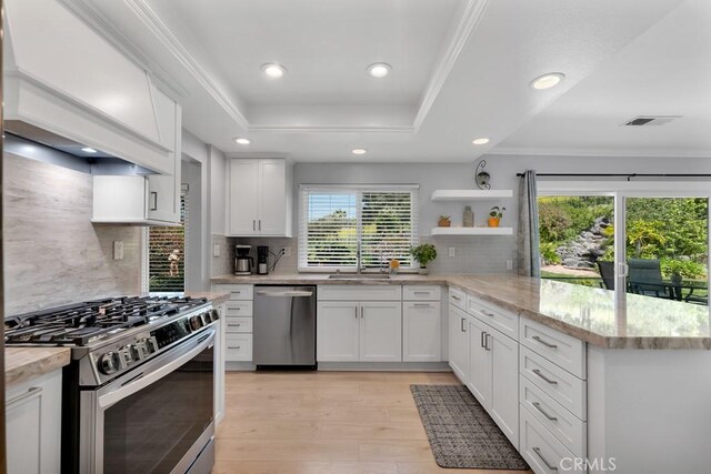 kitchen featuring open shelves, a tray ceiling, white cabinets, a sink, and appliances with stainless steel finishes