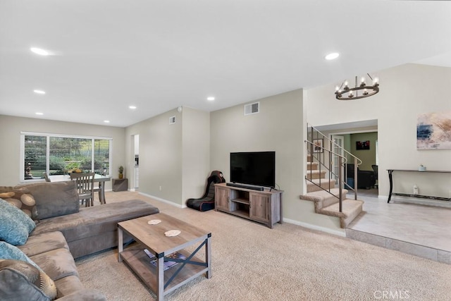 living area with stairway, light carpet, recessed lighting, and visible vents
