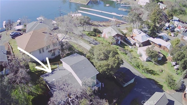 aerial view featuring a residential view and a water view