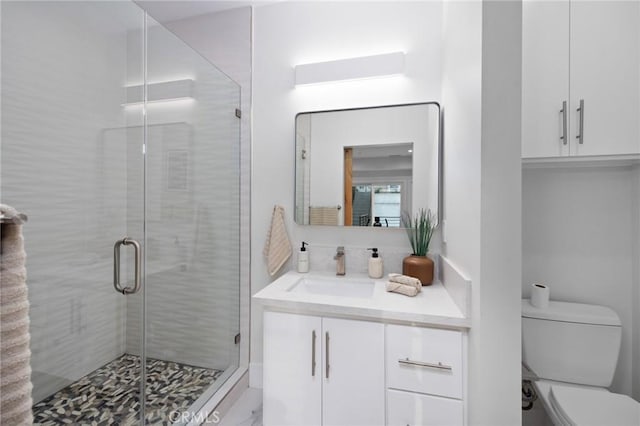 bathroom featuring a shower stall, toilet, and vanity