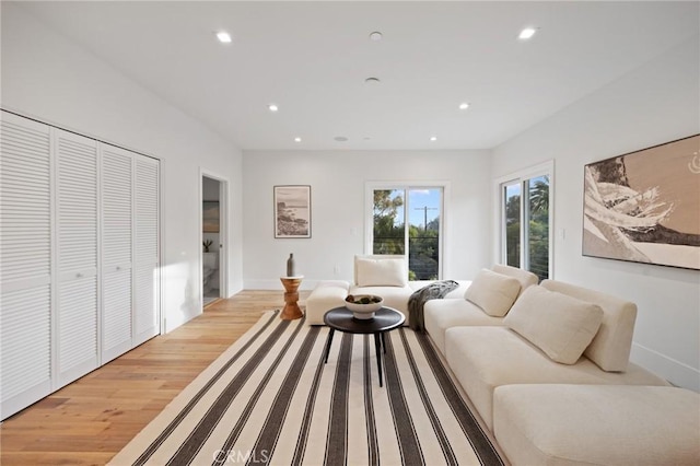 living room featuring baseboards, wood finished floors, and recessed lighting