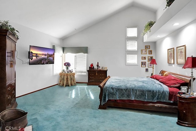 carpeted bedroom featuring high vaulted ceiling, multiple windows, and baseboards