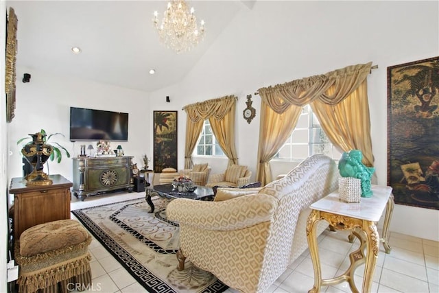 living room featuring an inviting chandelier, plenty of natural light, tile patterned flooring, and recessed lighting