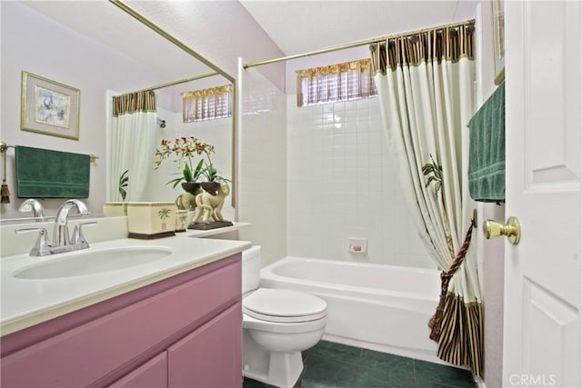 bathroom featuring vanity, tile patterned flooring, toilet, and shower / tub combo with curtain