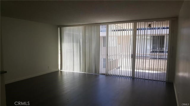 unfurnished room featuring expansive windows, baseboards, a wealth of natural light, and wood finished floors