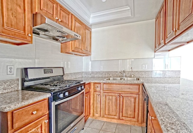 kitchen featuring stainless steel gas stove, a tray ceiling, crown molding, under cabinet range hood, and a sink