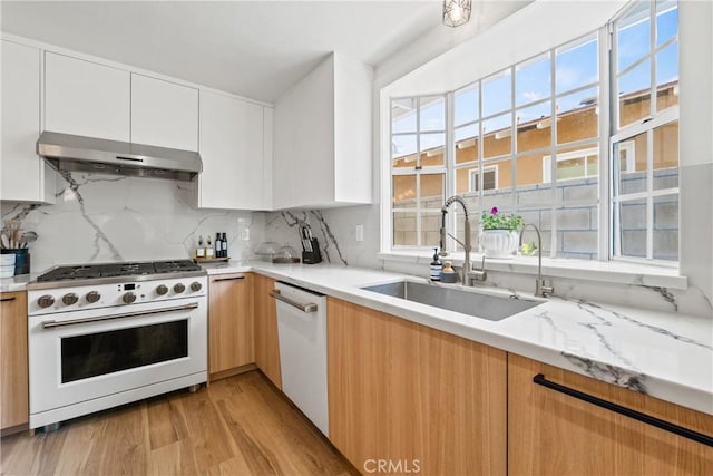 kitchen featuring tasteful backsplash, light wood-style floors, a sink, white appliances, and under cabinet range hood