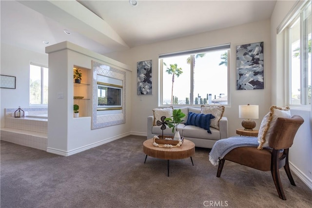 living area featuring baseboards, vaulted ceiling, and carpet flooring